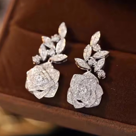 Anthropologie Jewelry - Rose Silver Crystal Diamond Earrings – Floral Statement Jewelry